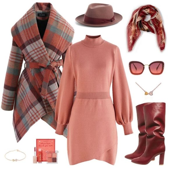 ChicWish PLAID PATTERN RABATO COAT IN CORAL - Picture 7 of 8